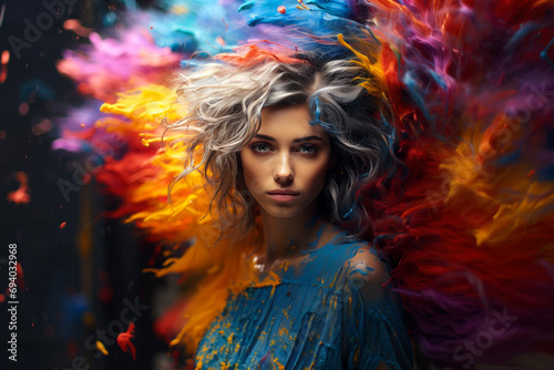 Colorful artistic portrait of a young beautiful woman, multicolored background, hairstyle, makeup and face art