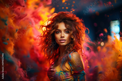 Colorful artistic portrait of a young beautiful red-haired woman, multicolored background, hairstyle, makeup and face art