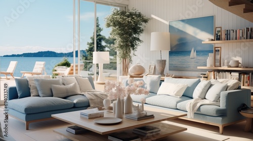 A contemporary living room in summer. Generative AI.