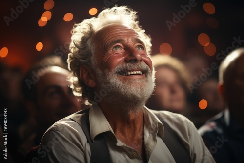 A curious man gazes upward, his face adorned with a beard and moustache, wearing a smile that reveals his forehead wrinkles and chin dimples in this intimate indoor portrait