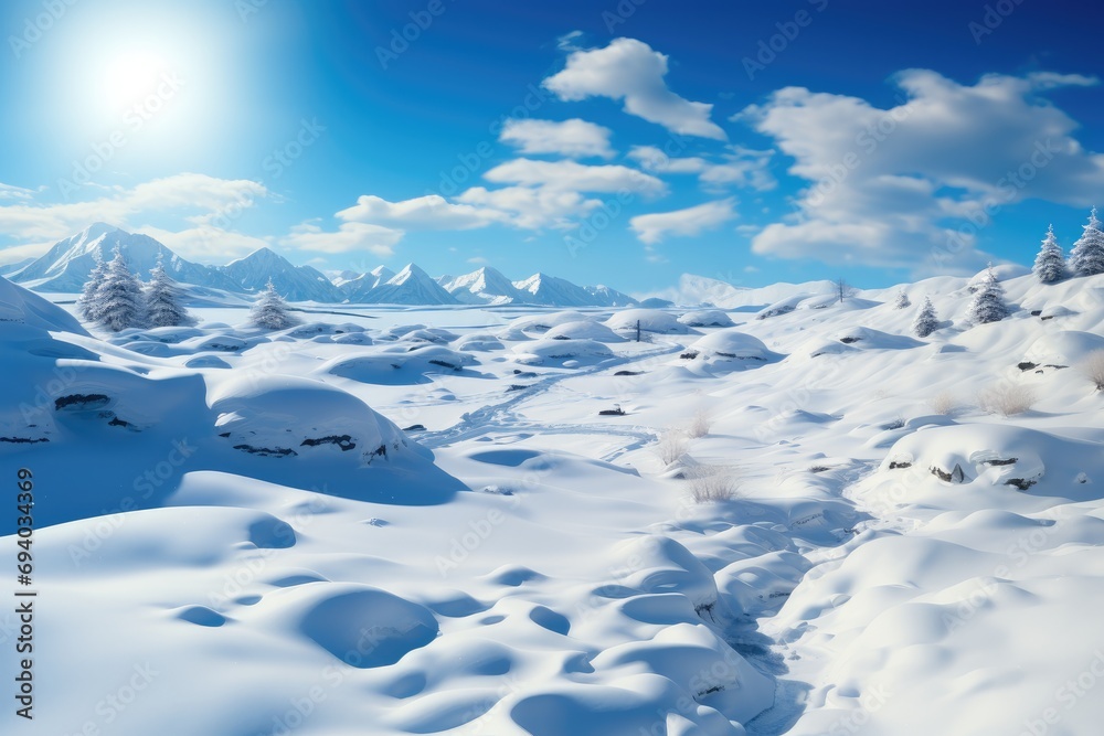 Beautiful snowy sunny day of fluffy snow with hills. Generative AI.