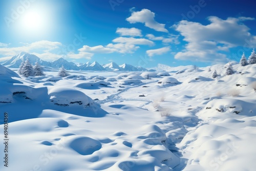 Beautiful snowy sunny day of fluffy snow with hills. Generative AI. © visoot