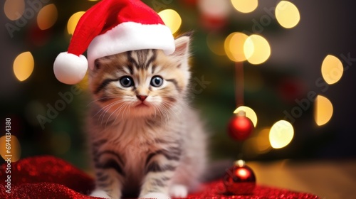 baby cat, kitten in red christmas hat at home with chirstmas decorations comeliness