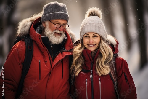 A couple bundled up in warm winter clothing, smiling as they stand in the snowy outdoors, with the woman wearing a red parka and bonnet and the man sporting a knit cap and fur-lined coat