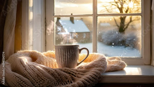 Atmosphere holiday festive a creating, cottage countryside English an in window a near blanket knitted a and mug coffee or tea of cup warm a home cozy and calm evening, holidays winter photo