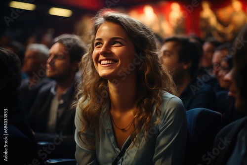 A radiant woman's smile illuminates the dark movie theater, drawing the attention of the crowd and adding warmth to the indoor setting © familymedia