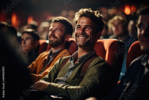 A diverse group of individuals, adorned in stylish clothing, sit together in a dimly lit theater, their human faces illuminated by the flickering screen as they eagerly await the start of the event, 