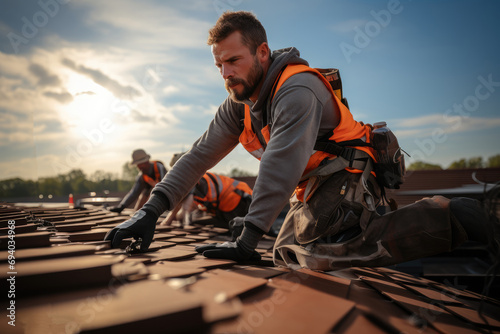 Construction worker working on top roof. Generative AI. photo