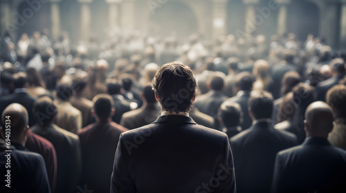 man standing behind the crowd