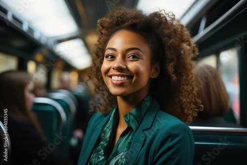 A woman's genuine smile lights up the train car as she sits among other passengers, her face radiating warmth and happiness