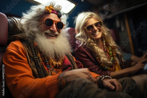 A man with a rugged beard and stylish sunglasses sits beside a woman in the back of a train car, their faces hidden behind reflective goggles as they embark on a journey through the bustling city