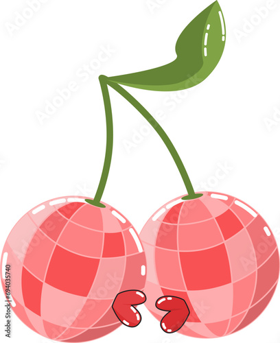 Vector illustration of disco balls in the form of cherries kiss for Valentine's day in flat cartoon style red and pink colors