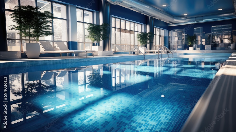 Luxury indoor swimming pool with dark blue and light blue decoration. Generative AI.