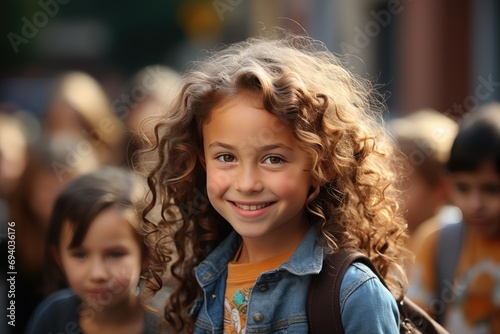 A joyful adolescent girl with curly brown hair and a bright smile stands confidently on a street, surrounded by a group of diverse people, showcasing her unique style and carefree spirit