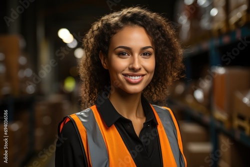 A woman's radiant smile reflects her joy and determination as she begins a new chapter, wearing a reflective vest inside, showcasing her confident and stylish persona