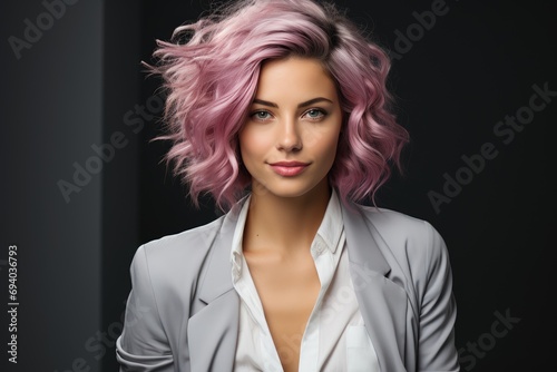 A vibrant fashion model with pink hair exudes confidence and style as she poses in a photo shoot, showcasing her bold lipstick and fashion accessory choices