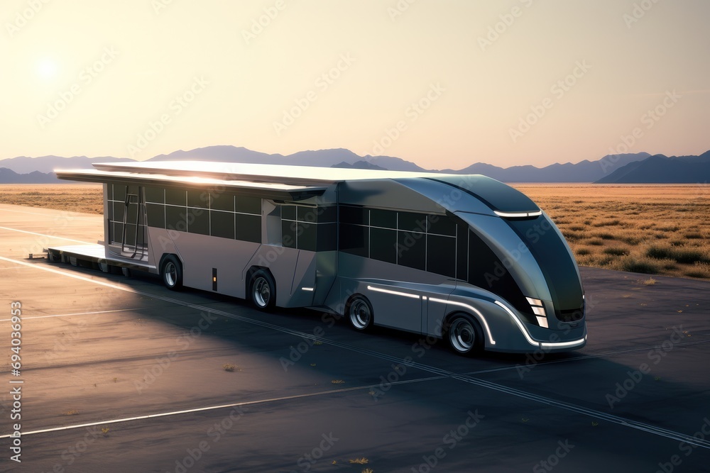 Futuristic trailer with solar panels. Generative AI.
