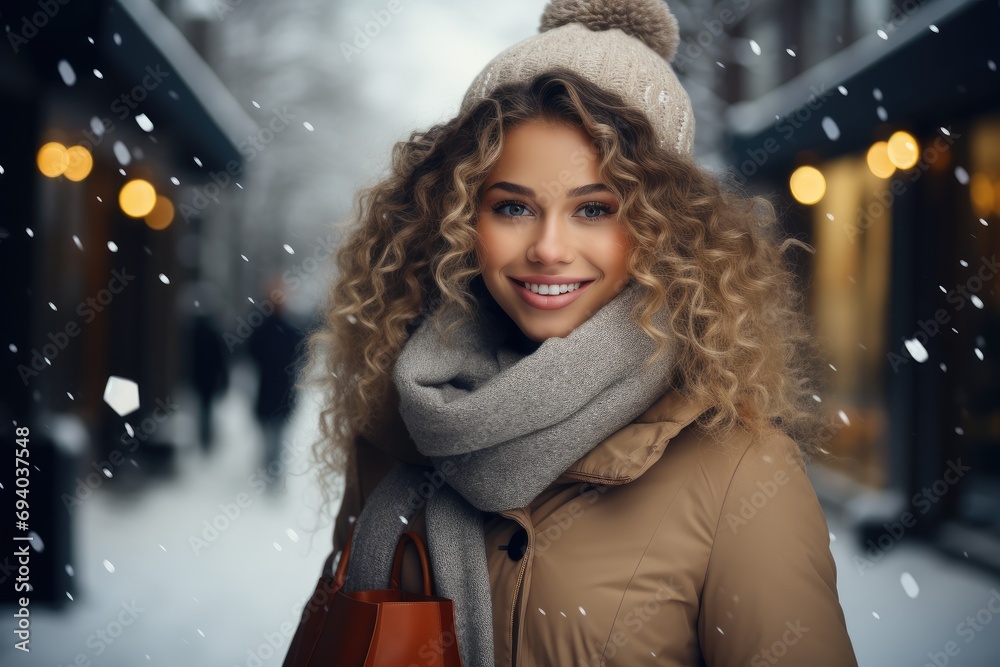 Beautiful smiling girl holding shopping bags in winter. Generative AI. - obrazy, fototapety, plakaty 