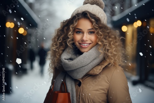 Beautiful smiling girl holding shopping bags in winter. Generative AI.