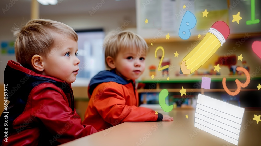 two young boys are learning in front of a hologram screen