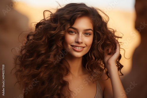 Beautiful smiling woman with long wavy hair. Generative AI.