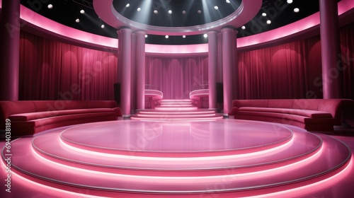 A stage with light and a spotlight on a pink background. Generative AI.