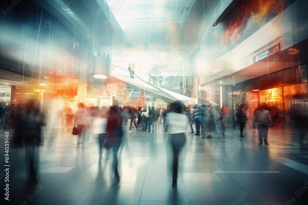 Abstract Crowd in Mall, Urban Shopping Experience, Blurry Retail Scene