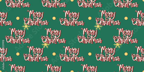 Merry Christmas text calligraphy on green background seamless pattern simple flat cartoon design vector illustration