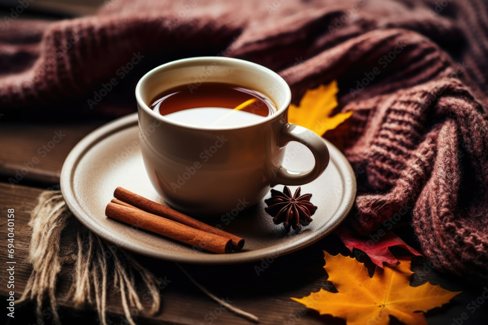 Mug background autumn drink tea table food warm cinnamon beverage brown cup wooden hot