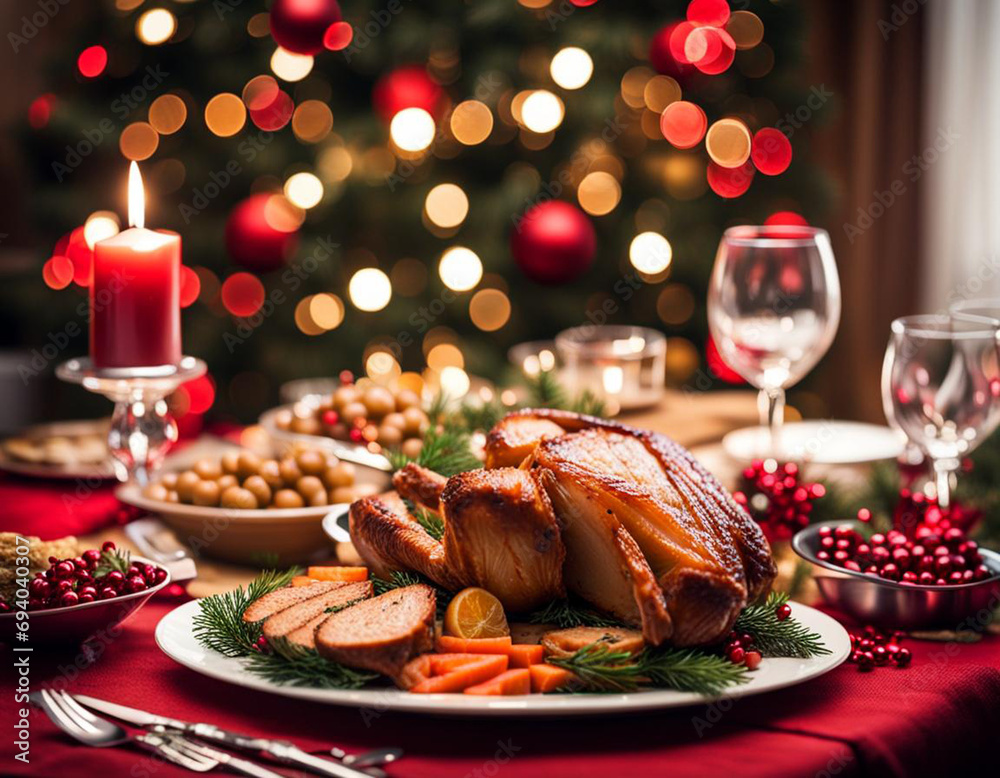 Delicious turkey with berries and Christmas decorations Delicious turkey with berries and Christmas decorations
