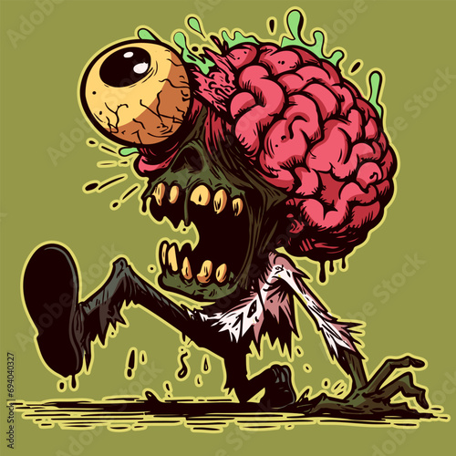 Vector of a walking undead zombie with his brains and eyes popping out. Macabre Halloween illustration of a monster with ripped off clothes walking and crawling