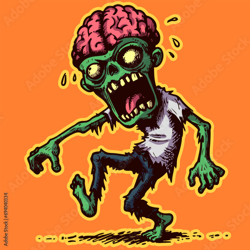Vector of a walking undead zombie with his brains and eyes popping out. Macabre Halloween illustration of a monster with ripped off clothes walking and crawling