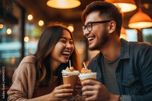 Happy young couple having meal in fast food restaurant 