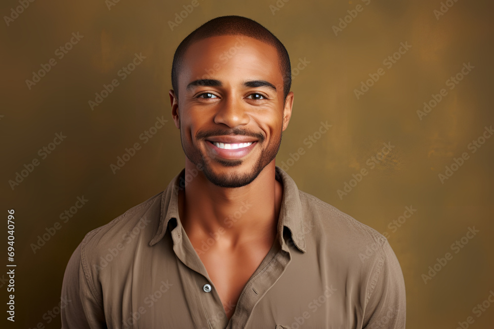 Fototapeta premium bearded African American man who is smiling and wearing a polo. The man is looking directly at the camera, and he has a friendly smile on his face.