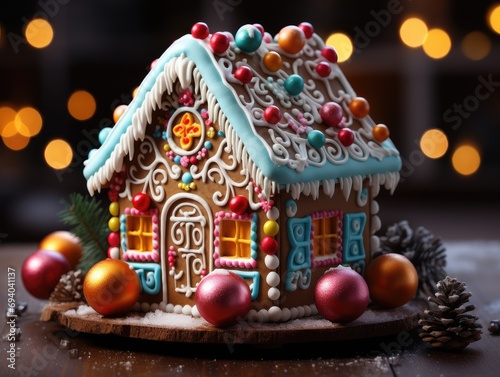 Decorated Gingerbread House Icing Christmas Holiday Background 