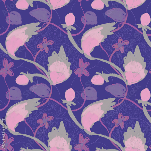 Seamless pattern, ornament with flowers and blackberries on a blue-violet background. Large format. Digital illustration. Accessories for interior design, wallpaper, fabrics, clothing, stationery.