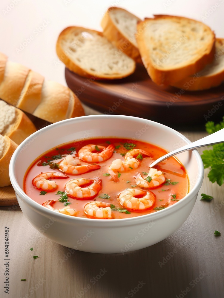 Soup with shrimps served with slices of bread.