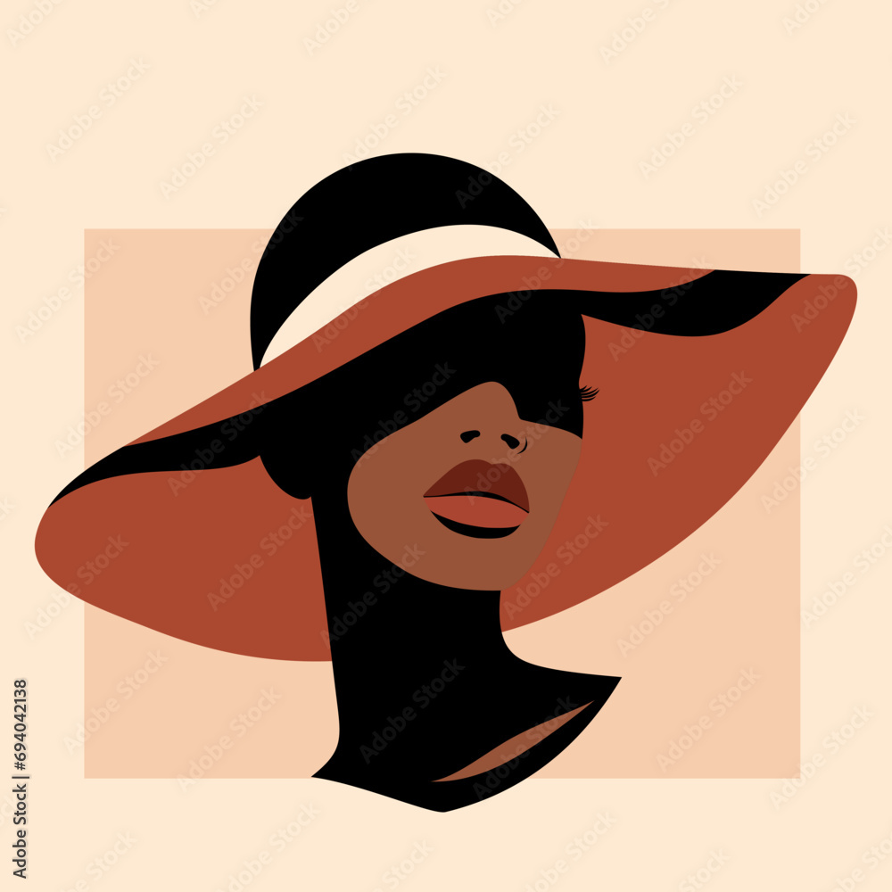 Portret kobiety w eleganckim kapeluszu z szerokim rondem w minimalistycznym stylu. Młoda piękna dziewczyna. Ilustracja wektorowa High Fashion. - obrazy, fototapety, plakaty 
