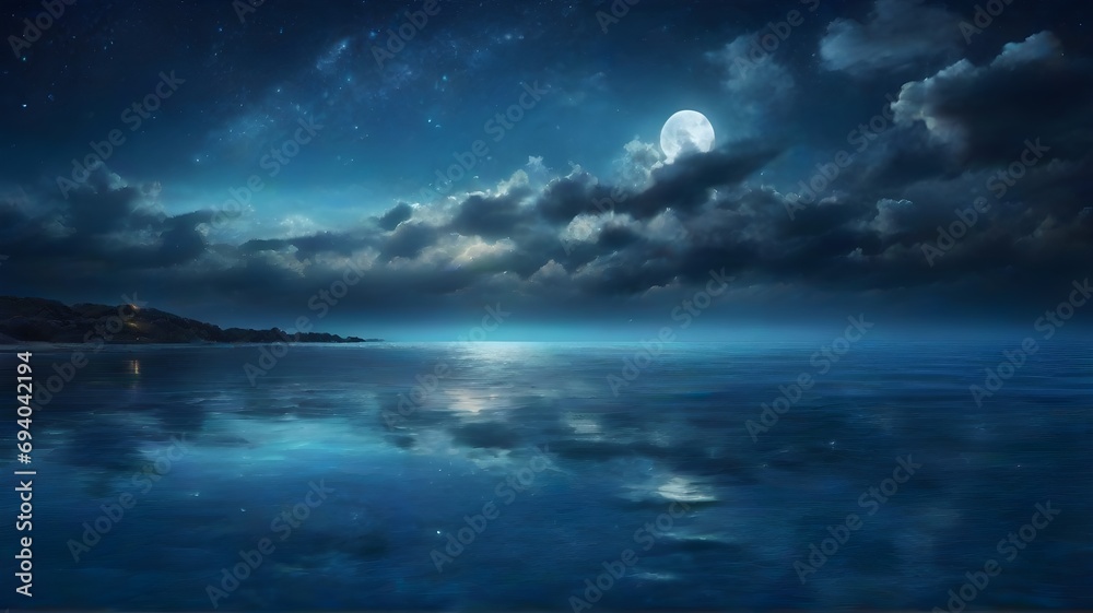 beautiful night landscape with full moon and starry sky reflected in water