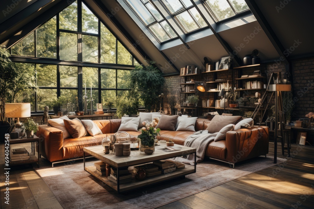 A cozy indoor space, with a spacious couch and elegant coffee table, surrounded by natural light streaming through the window, creating a warm and inviting living room perfect for relaxation and ente