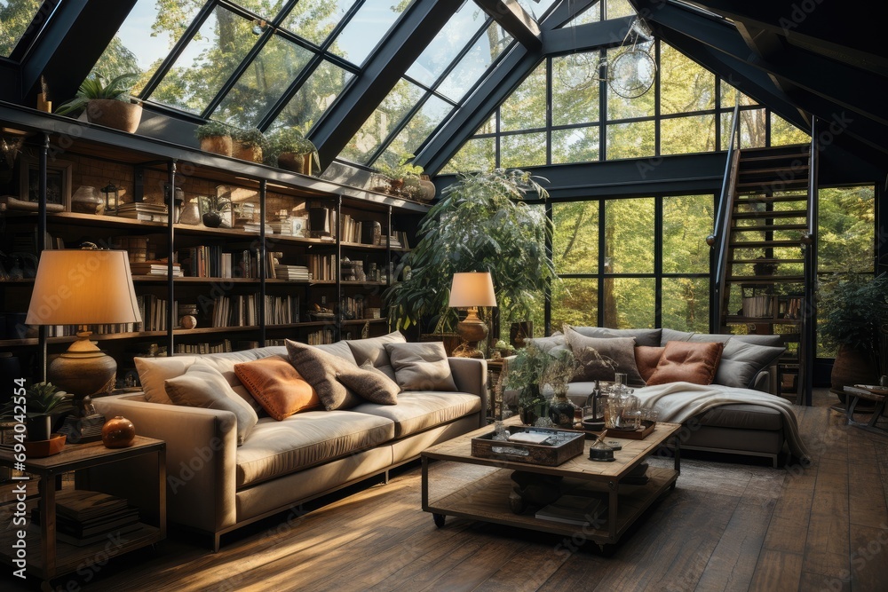 Inside a bright and cozy living space, a stunning greenhouse-like window illuminates a stylish arrangement of furniture including a versatile studio couch, sleek coffee table, and elegant loveseat, c