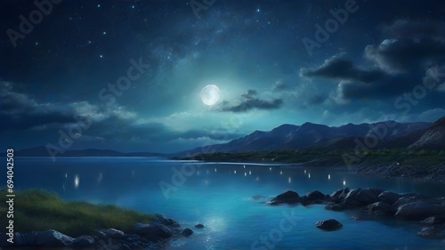 Night landscape with mountain lake and starry sky. 3d rendering