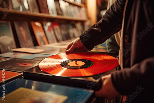 Person Picking Up a Vinyl Record
