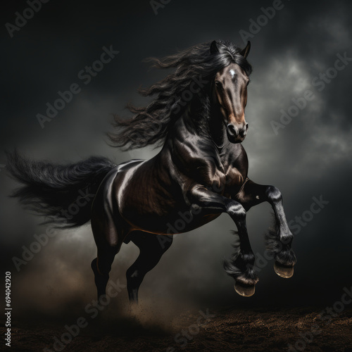 Photograph of a beautiful, perfect, big horse is a studio with a dark background. 