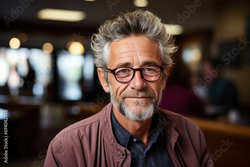 A distinguished gentleman radiates confidence and wisdom through his warm smile, framed by his stylish glasses and well-groomed beard, showcasing his impeccable taste in both fashion and vision care