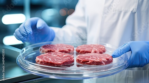 Hands with gloves hold raw meat created in laboratory, on a petri dish.