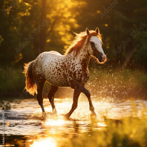 A spotted horse gallops through the water with splashes at sunset.