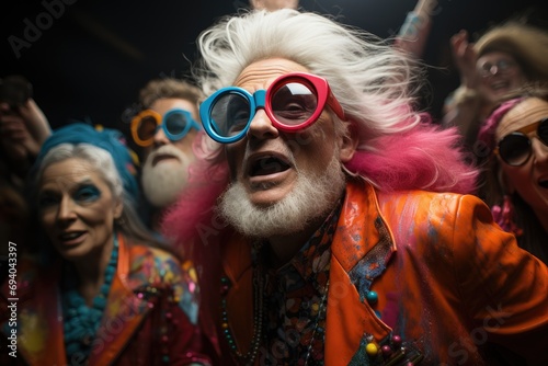 A vibrant group of festival-goers donning colorful attire, sporting sunglasses and goggles, exuding a sense of freedom and joy in the great outdoors