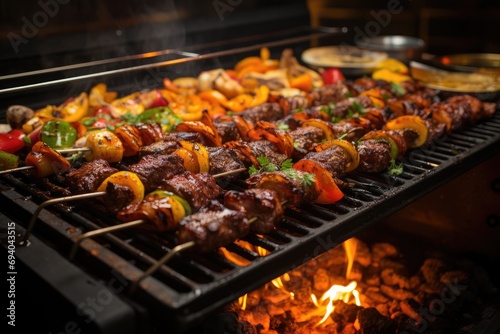 Tasty meat skewers with vegetables on the grill
