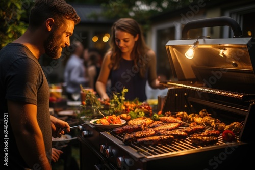 Outdoor barbecue in the backyard with people enjoying the food 